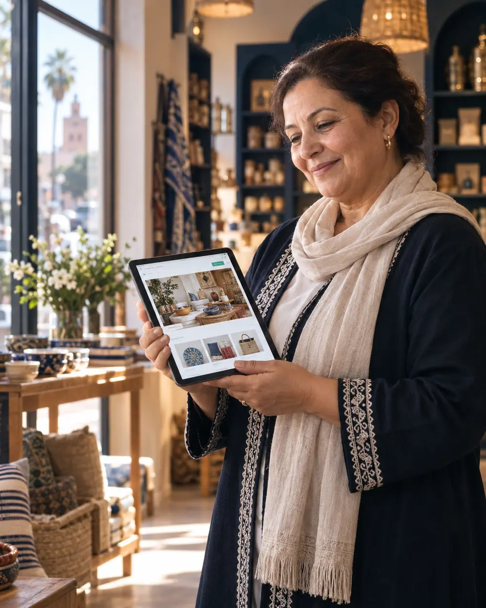 Propriétaire d'une boutique marocaine présentant son site sur une tablette