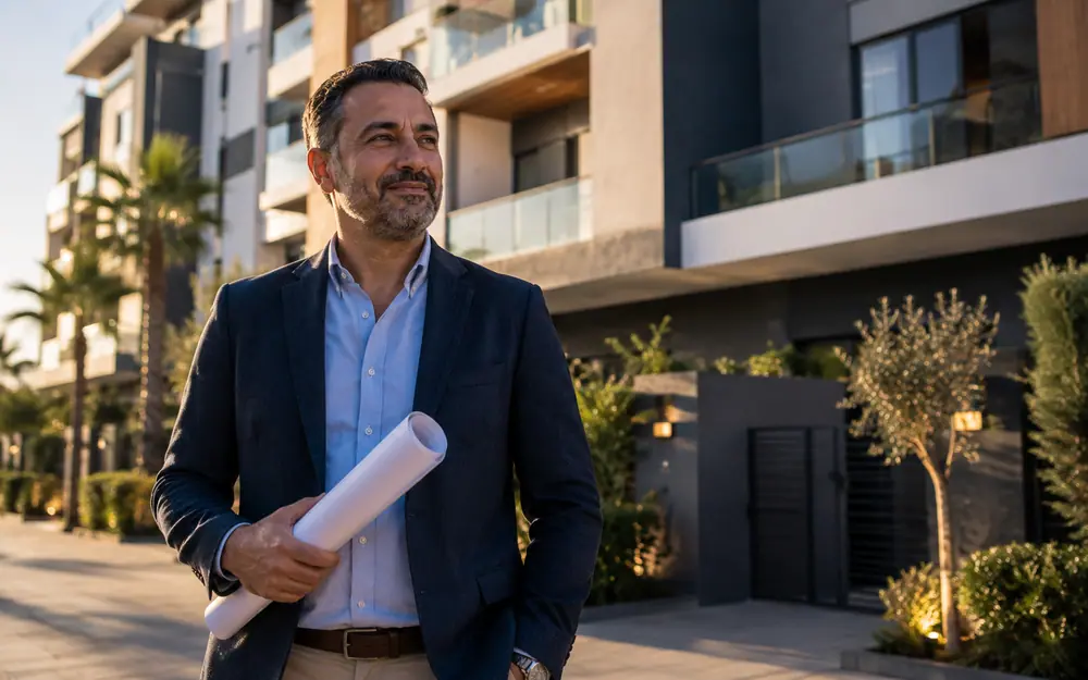 Promoteur immobilier devant une résidence moderne